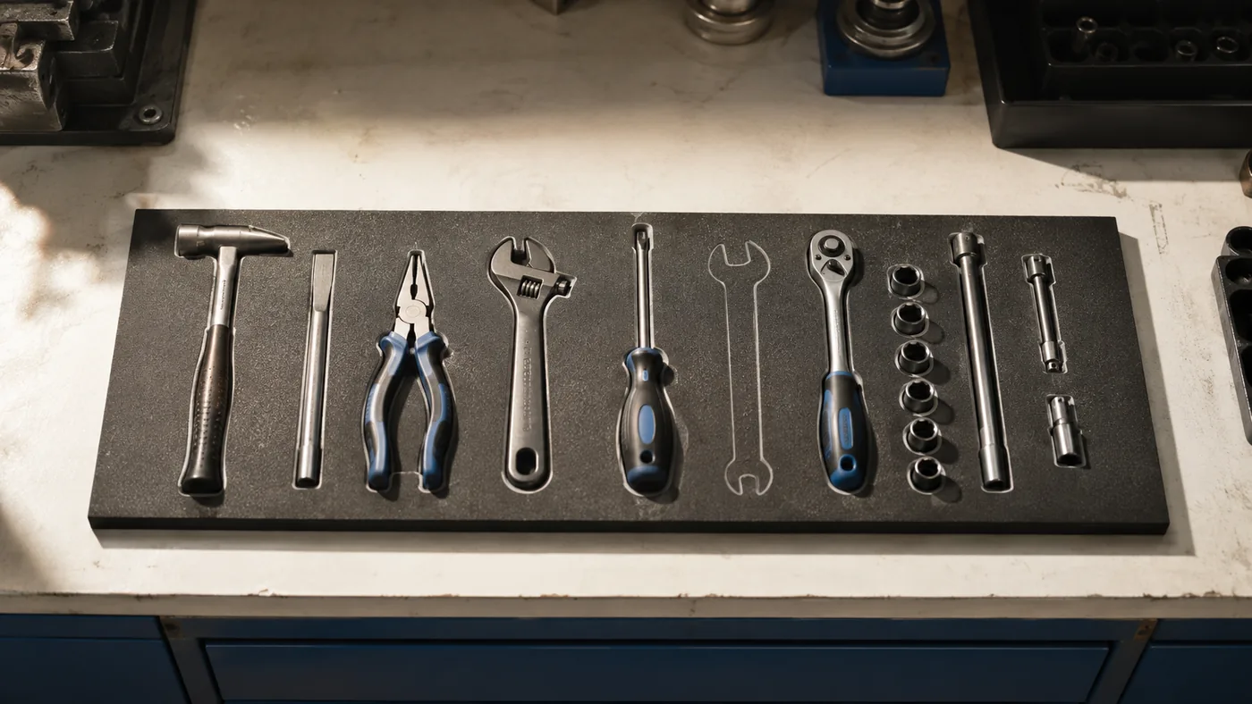 Outils de maintenance rangés en séquence dans leurs emplacements découpés