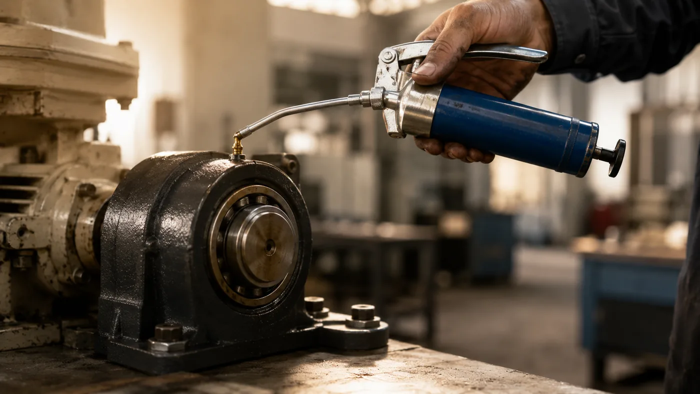 Graissage d'un palier industriel propre, machine à l'arrêt dans un atelier rangé