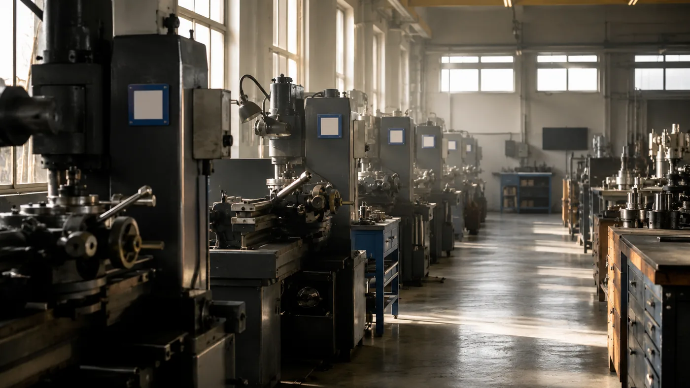 Allée d’atelier bordée de machines-outils alignées sous la lumière du matin
